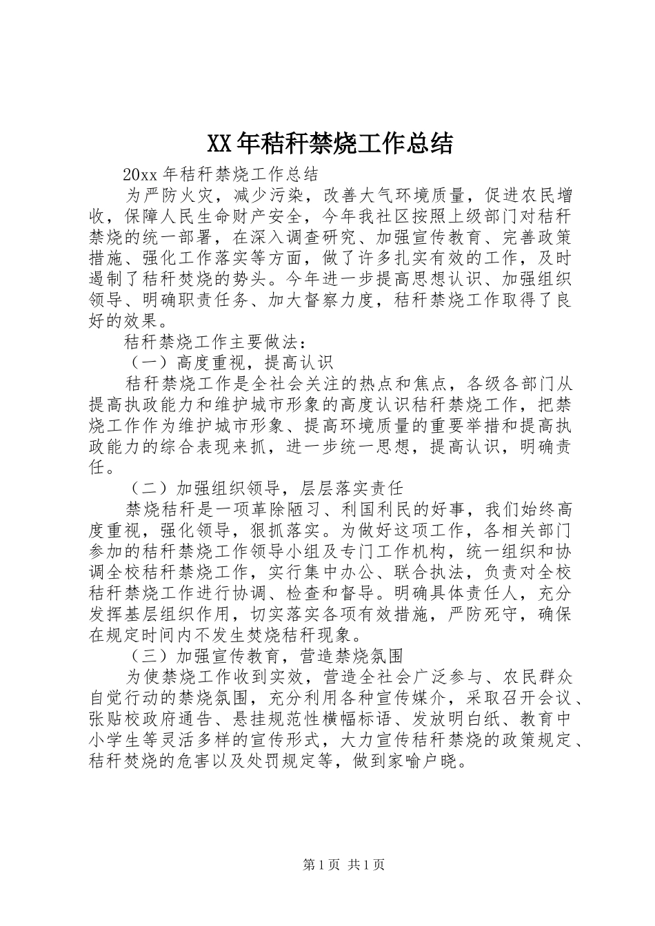 XX年秸秆禁烧工作总结_第1页