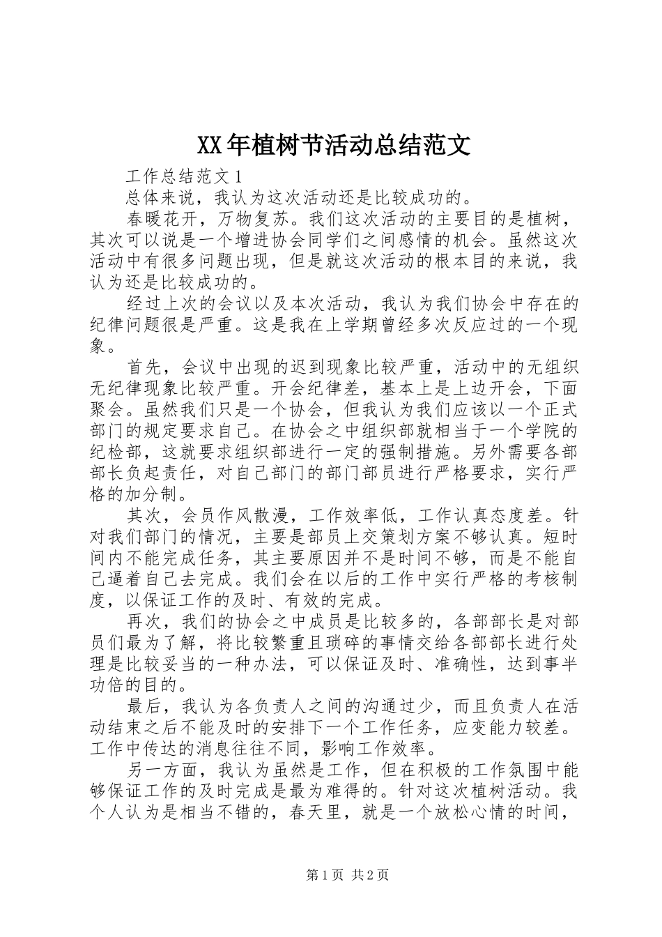 XX年植树节活动总结范文_第1页