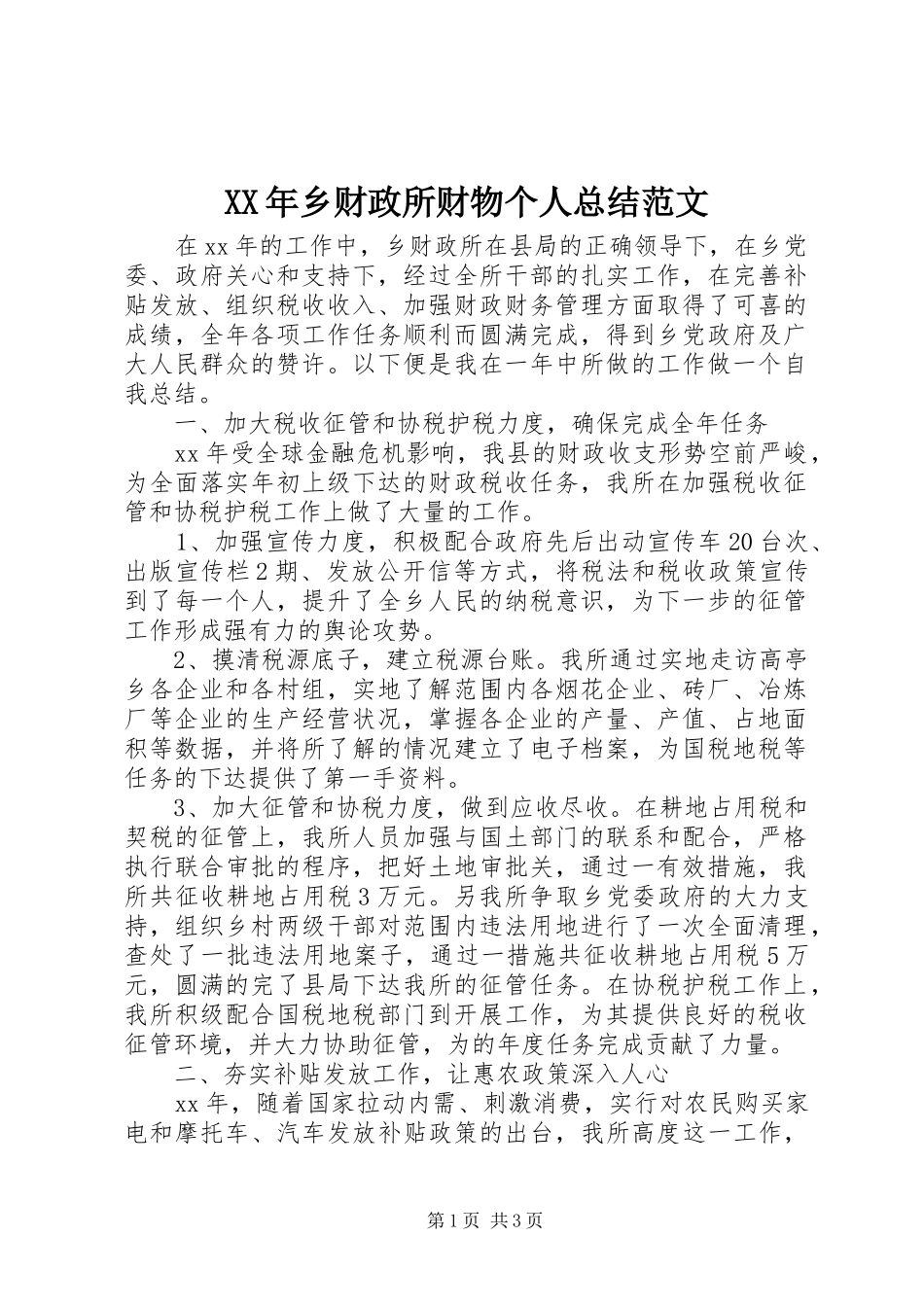 XX年乡财政所财物个人总结范文_第1页