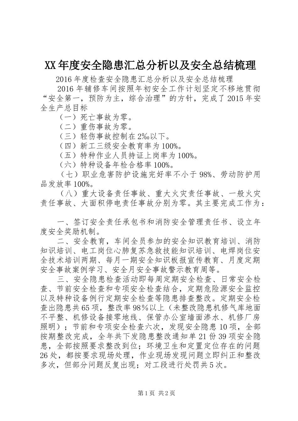 XX年度安全隐患汇总分析以及安全总结梳理_第1页