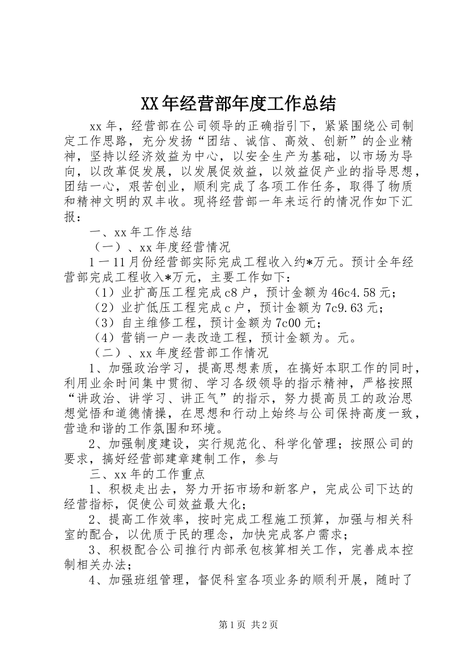 XX年经营部年度工作总结_第1页