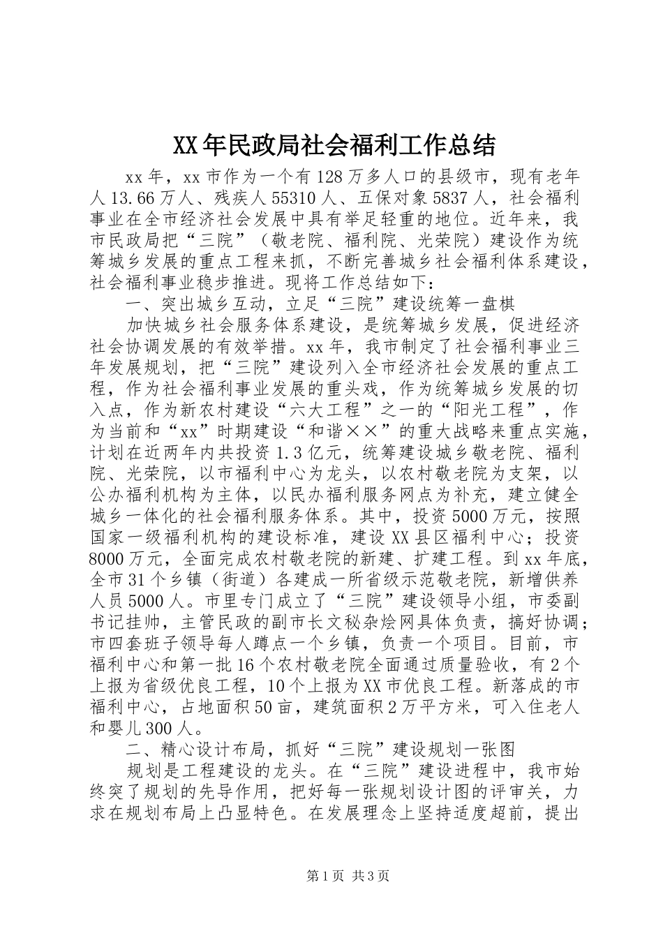 XX年民政局社会福利工作总结_第1页