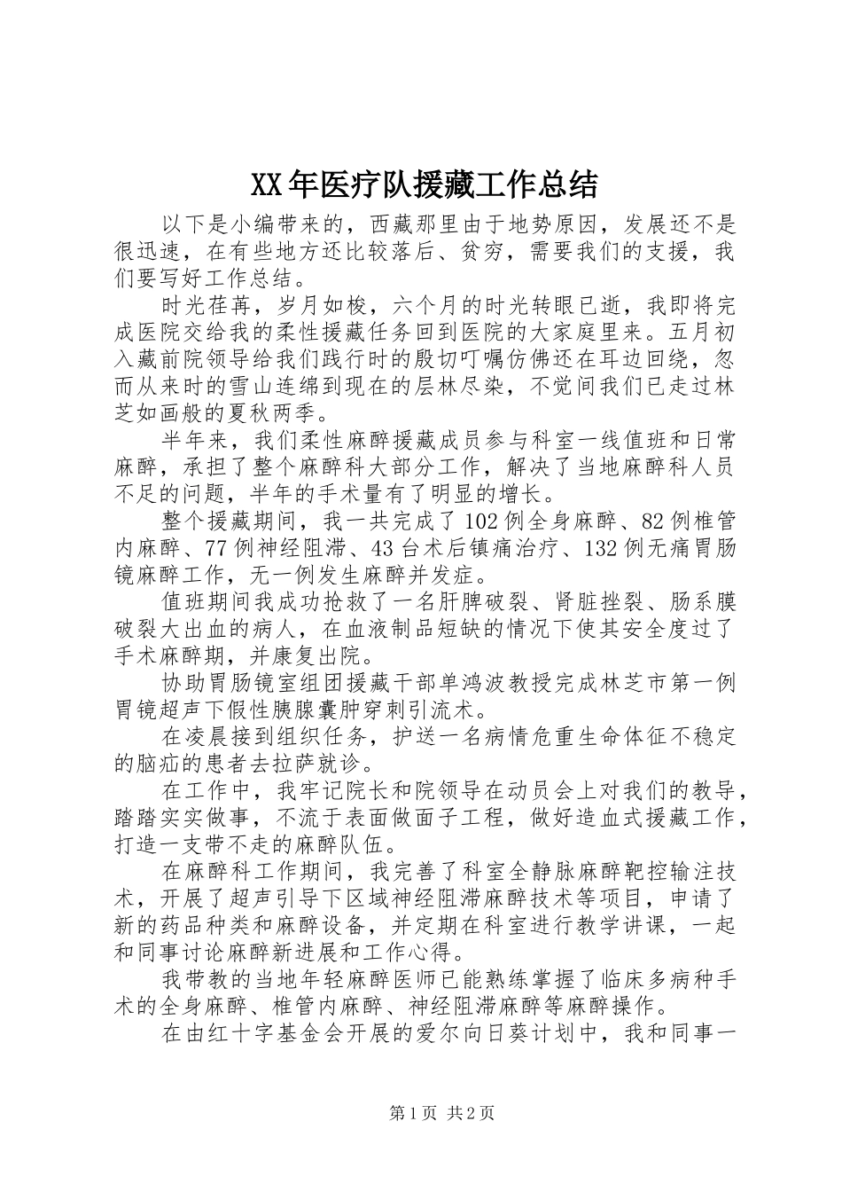 XX年医疗队援藏工作总结_第1页