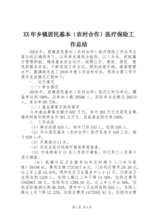 XX年乡镇居民基本（农村合作）医疗保险工作总结