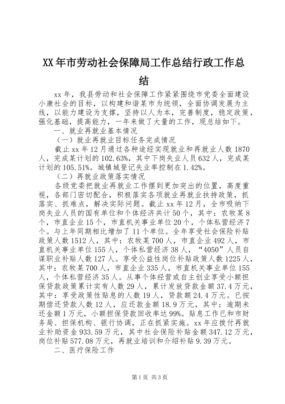 XX年市劳动社会保障局工作总结行政工作总结_第1页