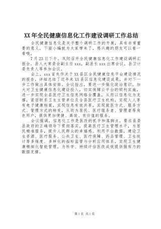 XX年全民健康信息化工作建设调研工作总结