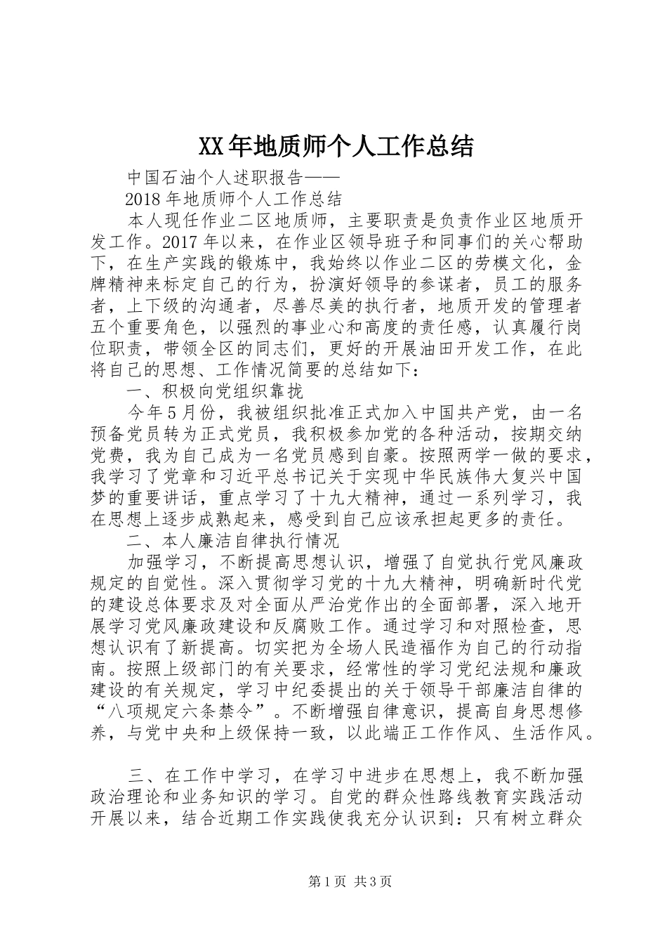 XX年地质师个人工作总结_第1页