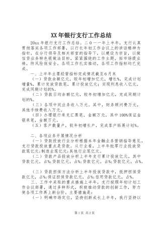 XX年银行支行工作总结