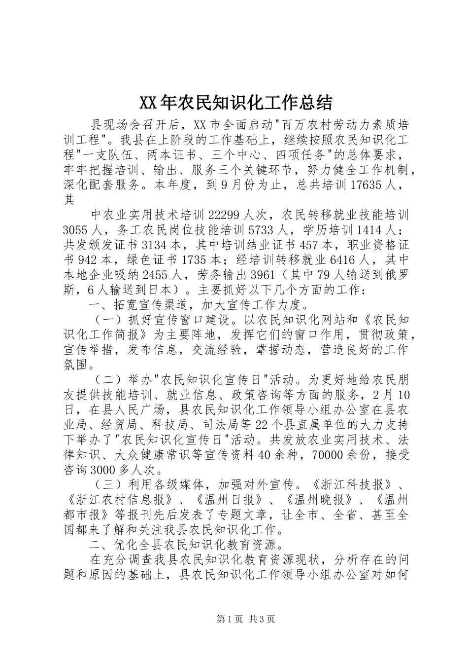 XX年农民知识化工作总结_第1页