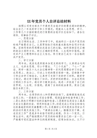 XX年党员个人自评总结材料