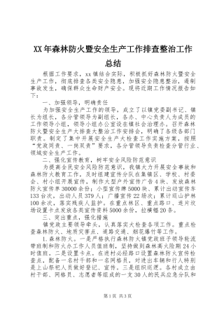 XX年森林防火暨安全生产工作排查整治工作总结