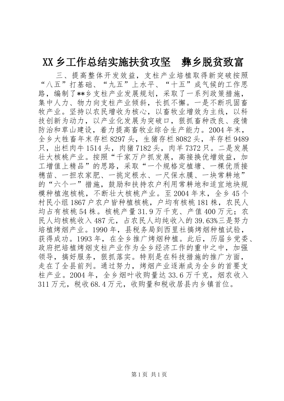 XX乡工作总结实施扶贫攻坚　彝乡脱贫致富_第1页