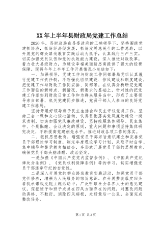 XX年上半年县财政局党建工作总结
