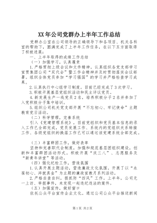 XX年公司党群办上半年工作总结