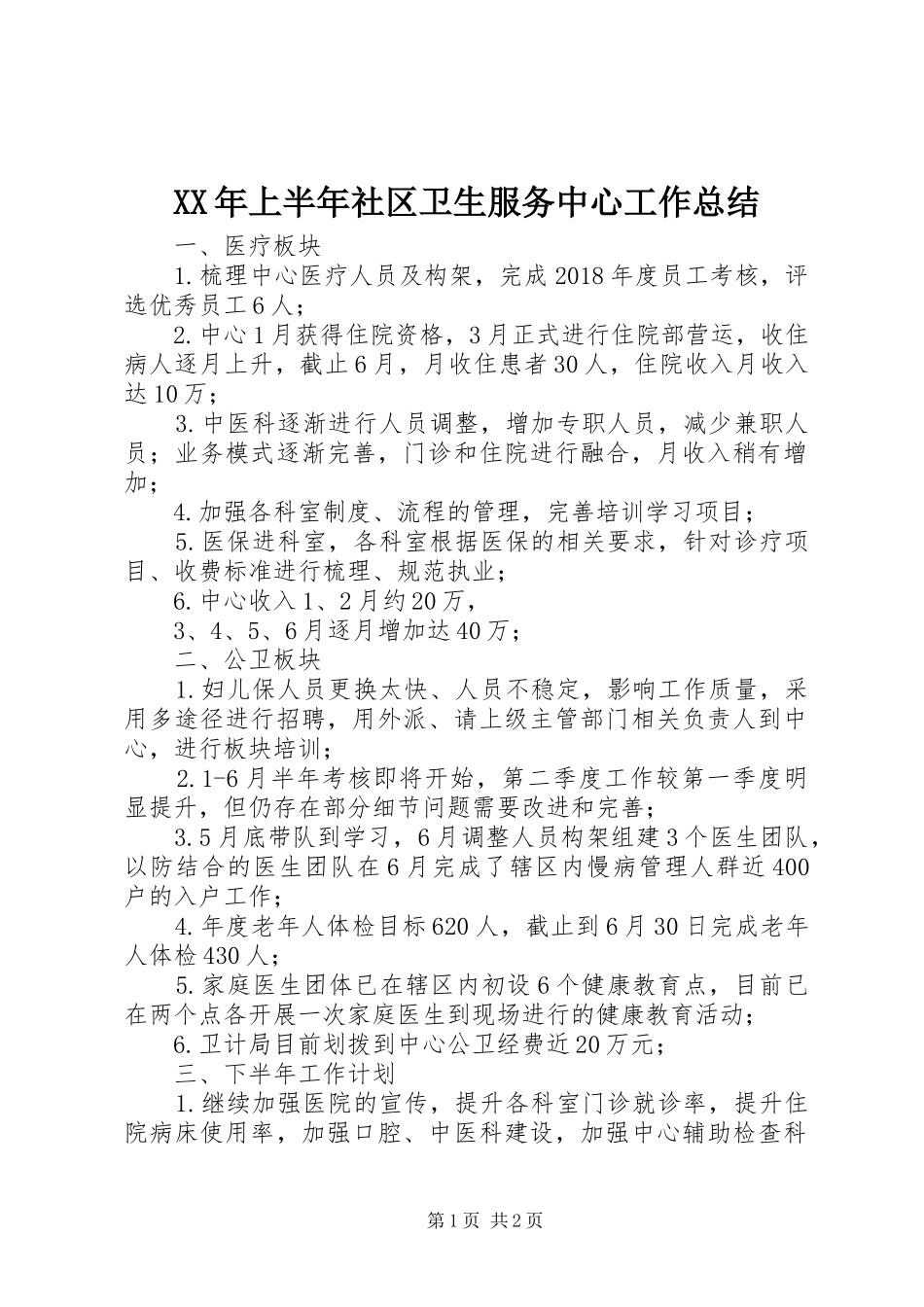 XX年上半年社区卫生服务中心工作总结_第1页