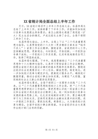 XX省统计局全面总结上半年工作