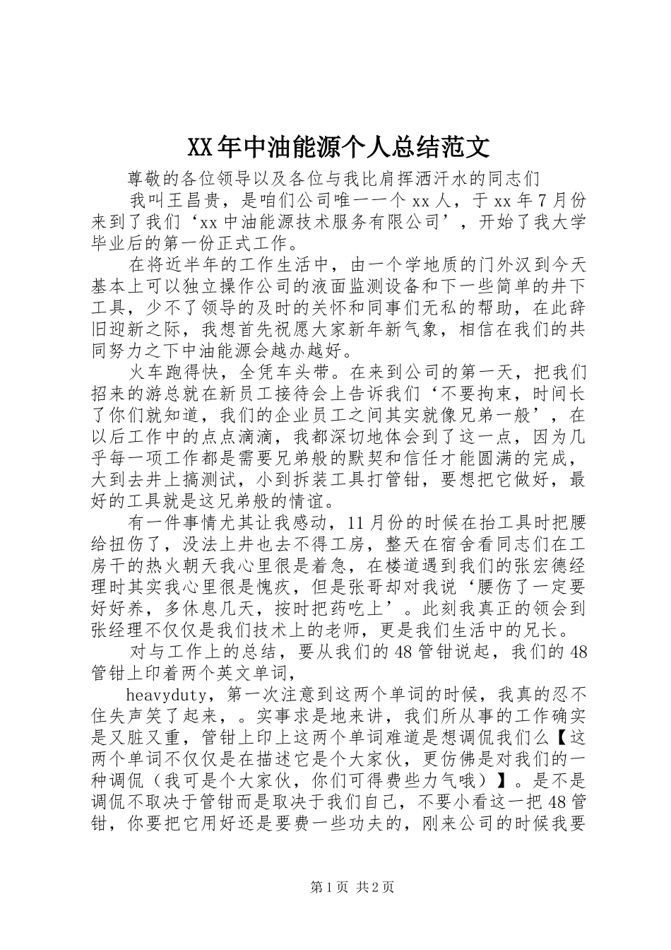 XX年中油能源个人总结范文_第1页