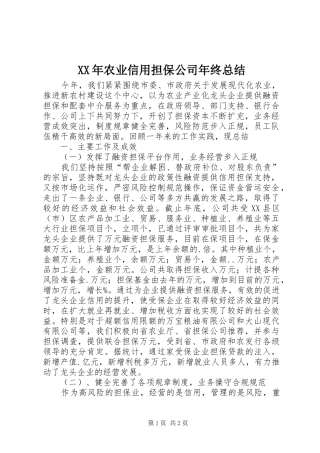 XX年农业信用担保公司年终总结