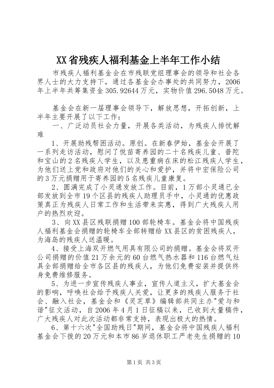 XX省残疾人福利基金上半年工作小结_第1页