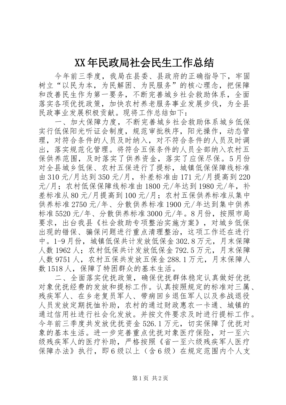 XX年民政局社会民生工作总结_第1页