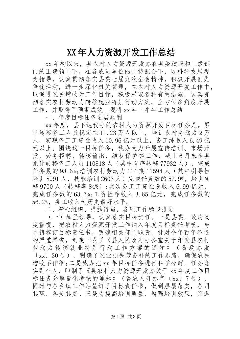 XX年人力资源开发工作总结_第1页
