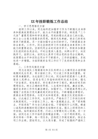 XX年挂职锻炼工作总结