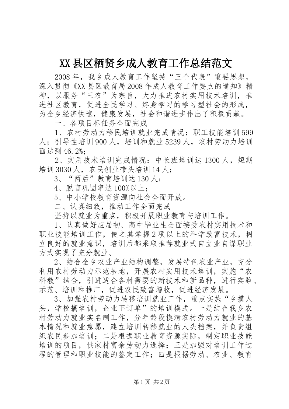 XX县区栖贤乡成人教育工作总结范文_第1页