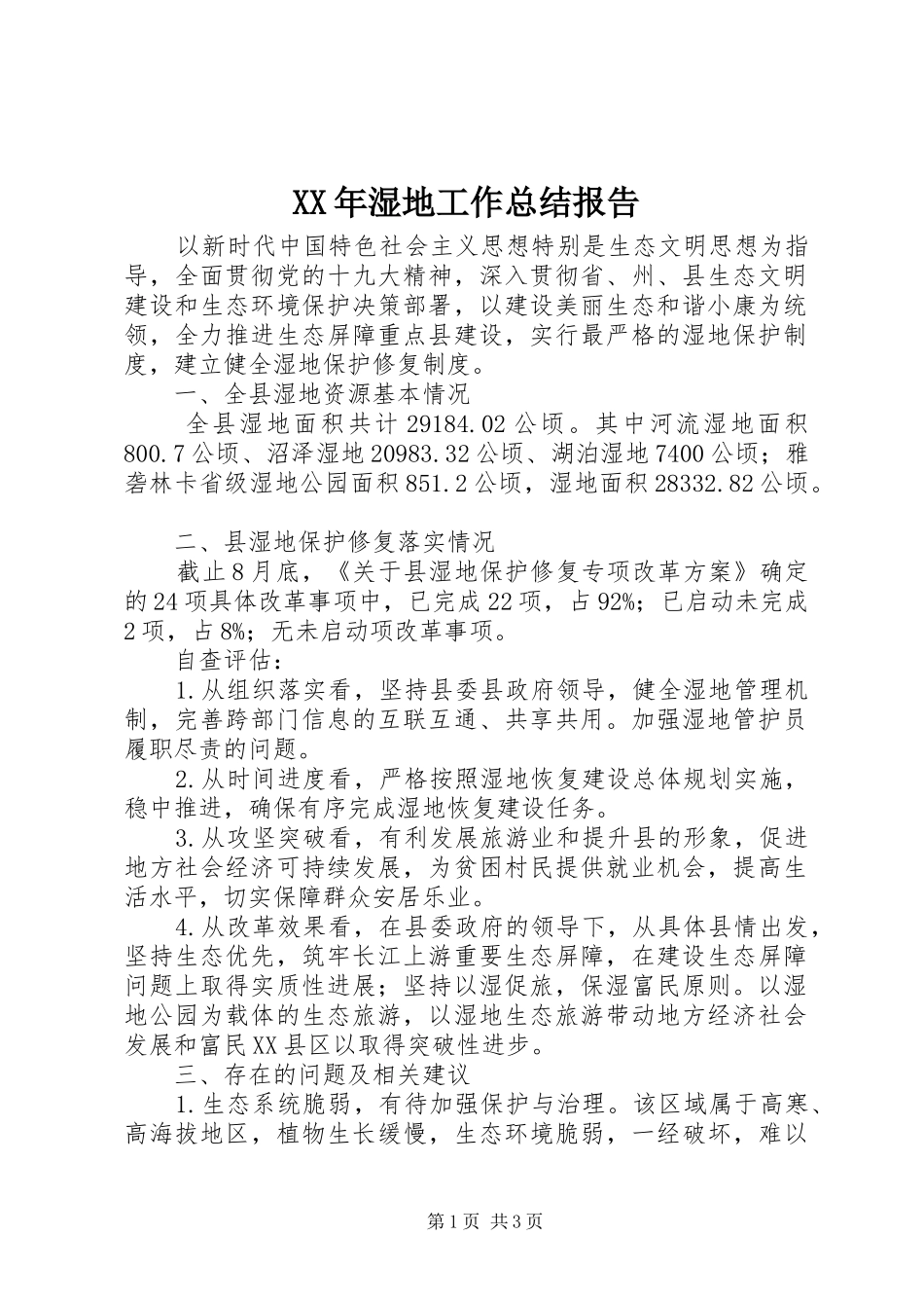 XX年湿地工作总结报告_第1页