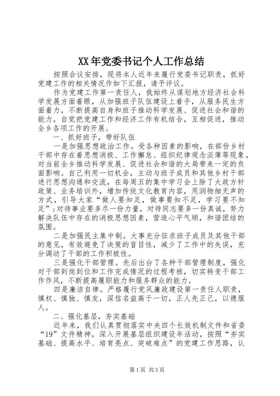 XX年党委书记个人工作总结_第1页