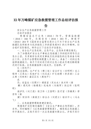 XX年万峰煤矿应急救援管理工作总结评估报告
