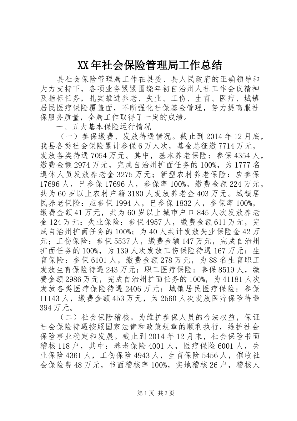 XX年社会保险管理局工作总结_第1页