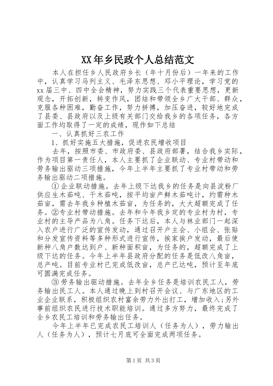 XX年乡民政个人总结范文_第1页