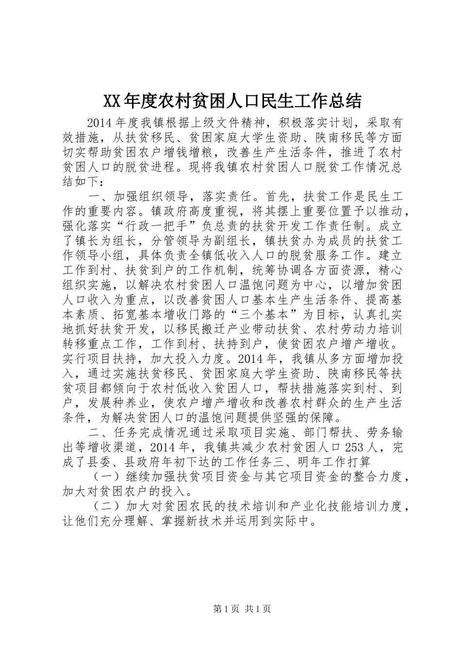 XX年度农村贫困人口民生工作总结_第1页