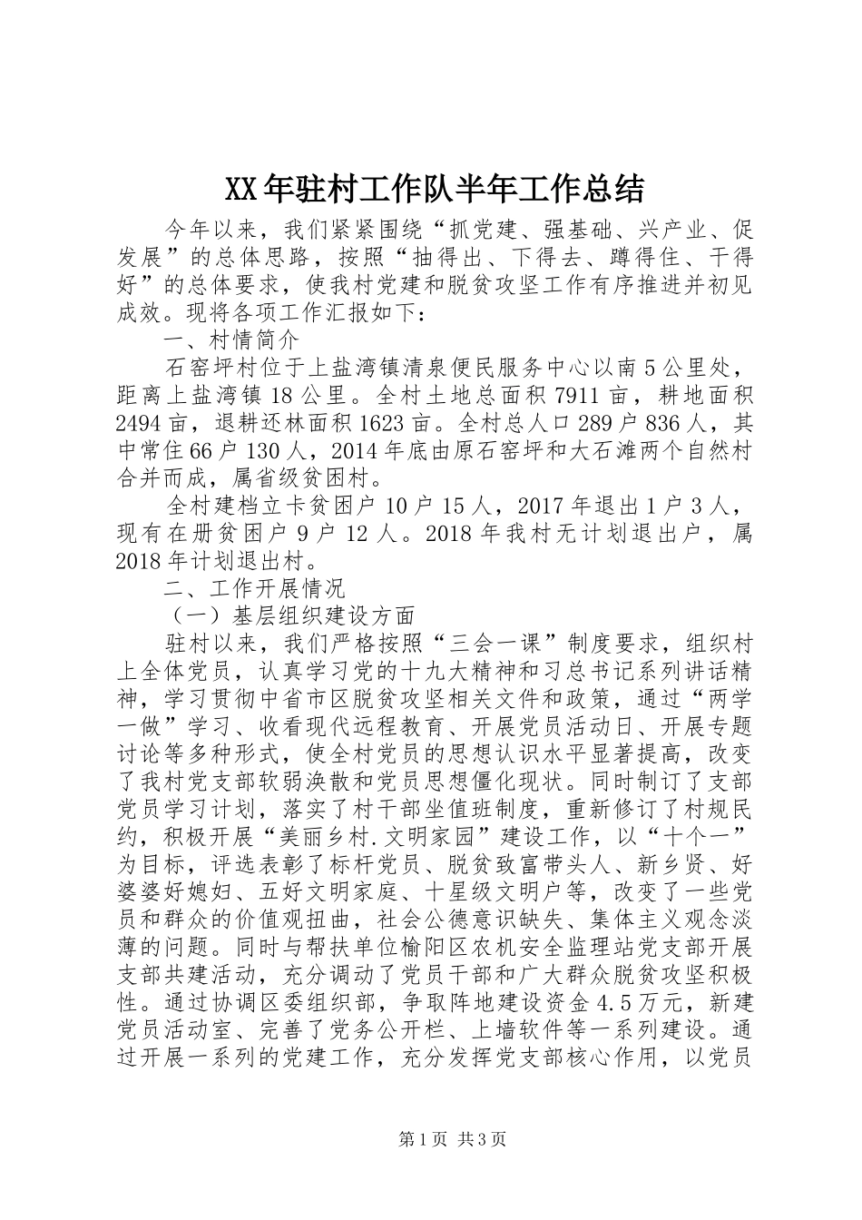 XX年驻村工作队半年工作总结_第1页