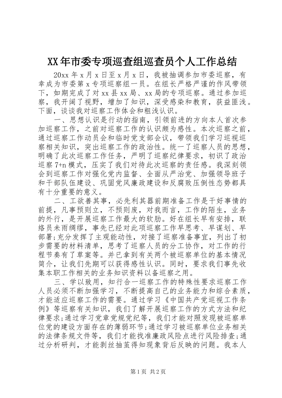 XX年市委专项巡查组巡查员个人工作总结_第1页