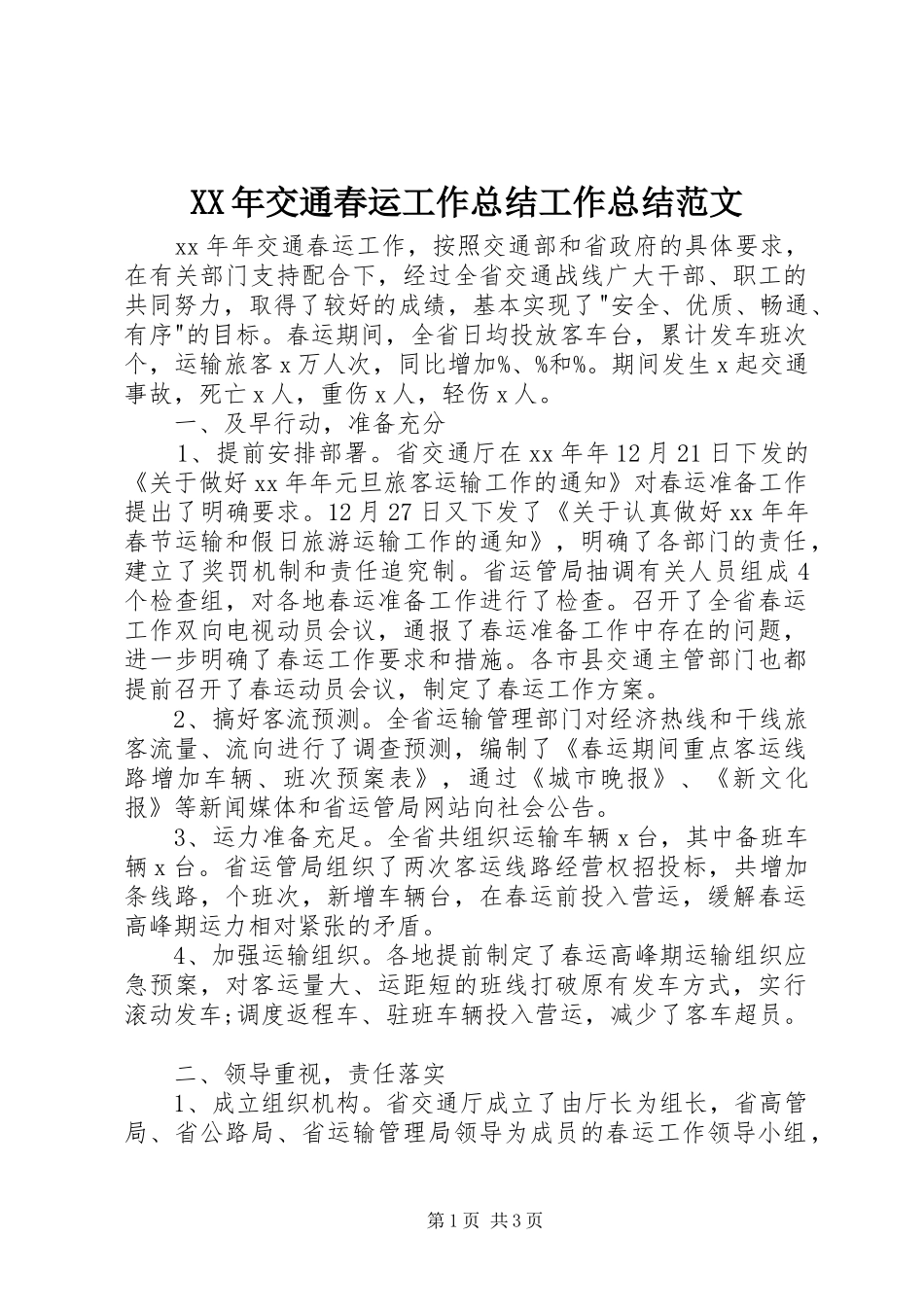 XX年交通春运工作总结工作总结范文_第1页