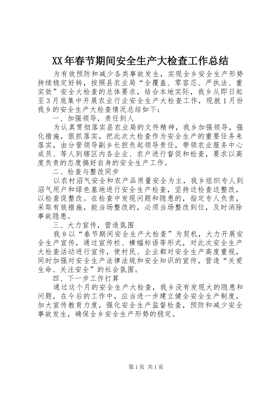 XX年春节期间安全生产大检查工作总结_第1页