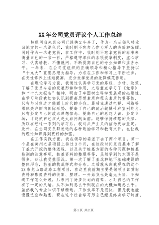 XX年公司党员评议个人工作总结