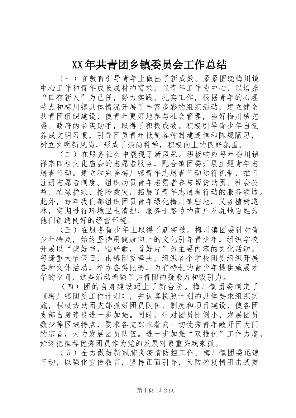 XX年共青团乡镇委员会工作总结_第1页