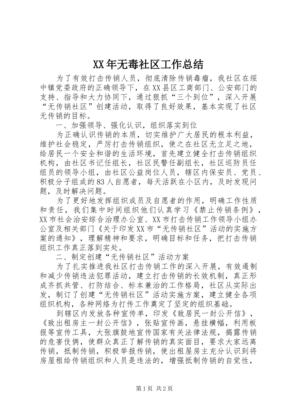 XX年无毒社区工作总结_第1页