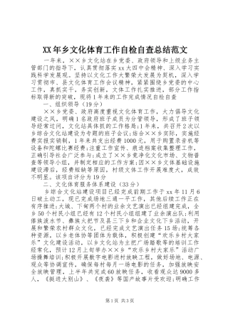 XX年乡文化体育工作自检自查总结范文