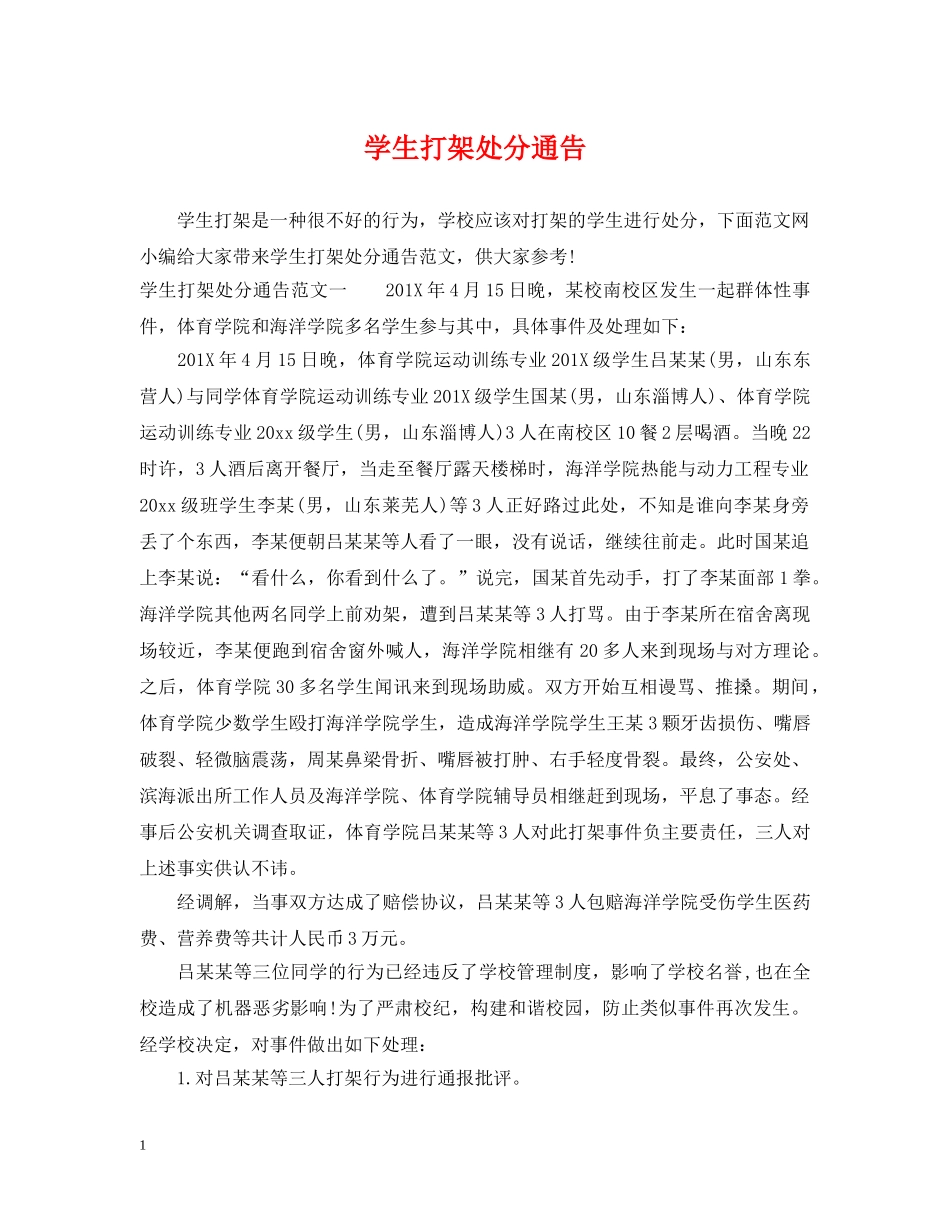 学生打架处分通告 _第1页