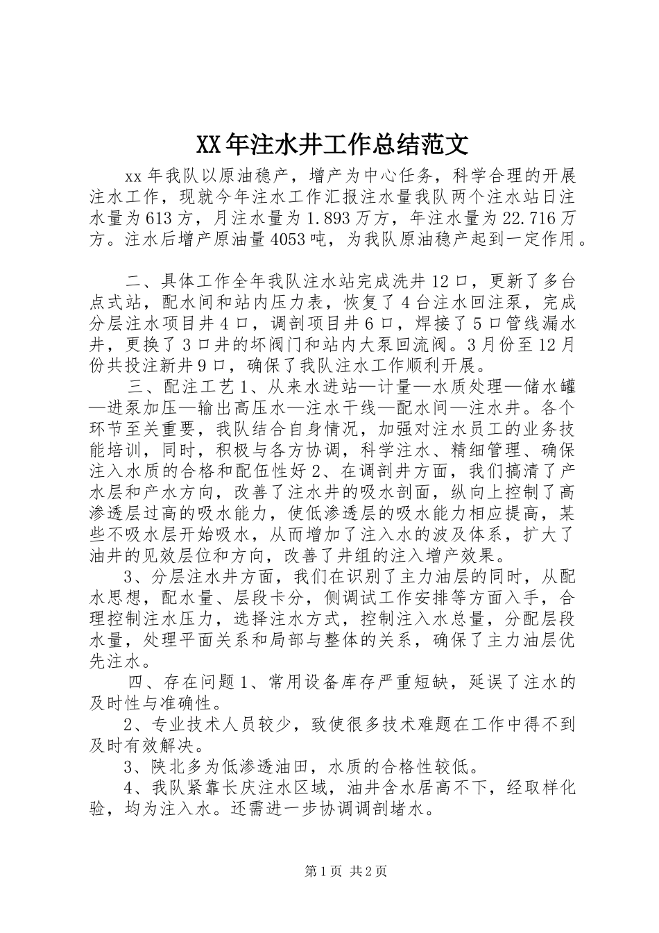 XX年注水井工作总结范文_第1页