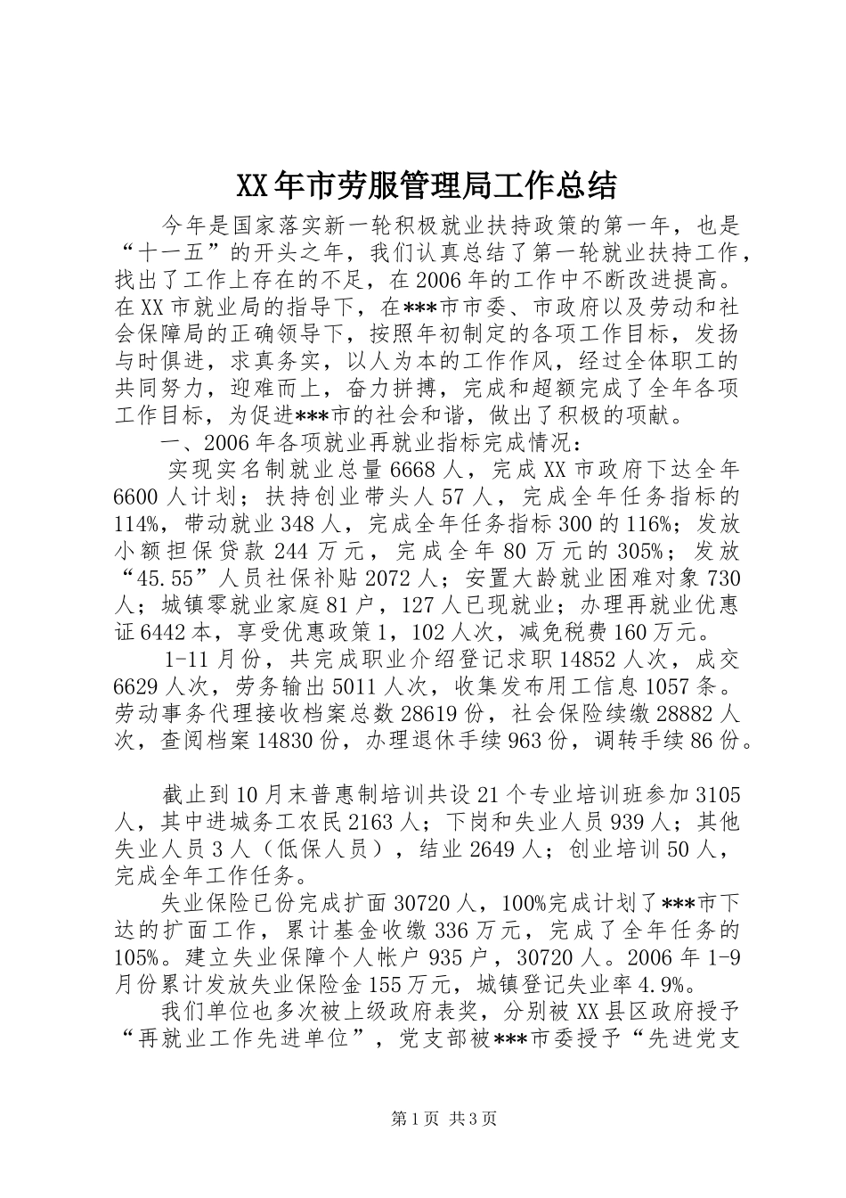XX年市劳服管理局工作总结_第1页