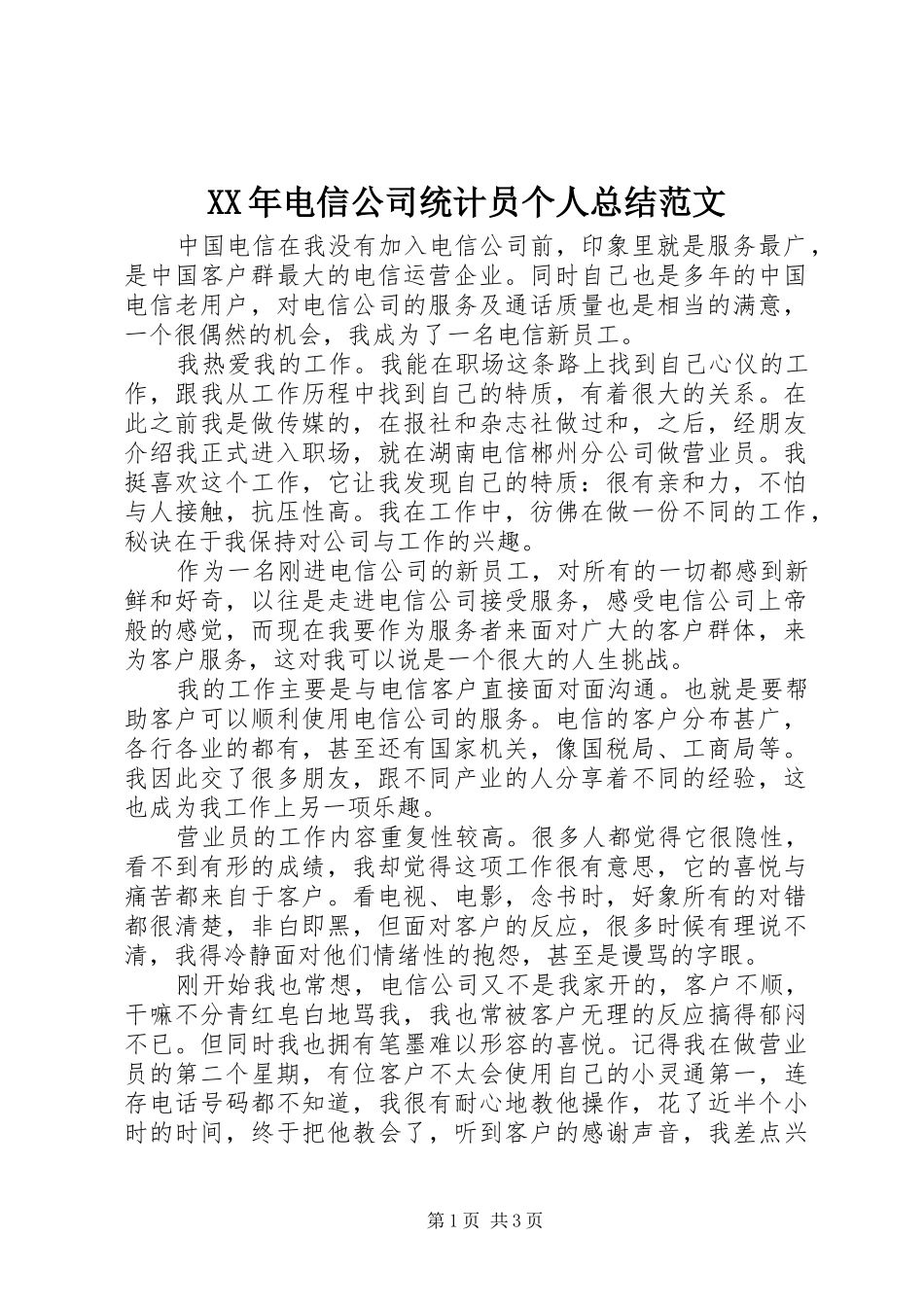 XX年电信公司统计员个人总结范文_第1页