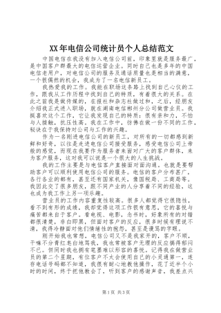 XX年电信公司统计员个人总结范文