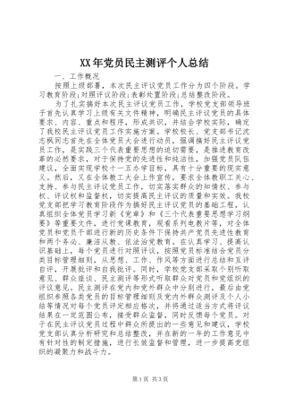XX年党员民主测评个人总结