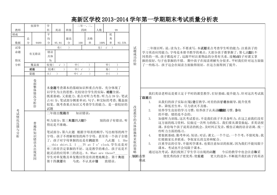 二年班质量分析表模板_第1页
