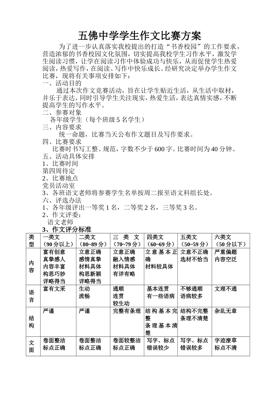 五佛中学学生作文比赛方案_第1页