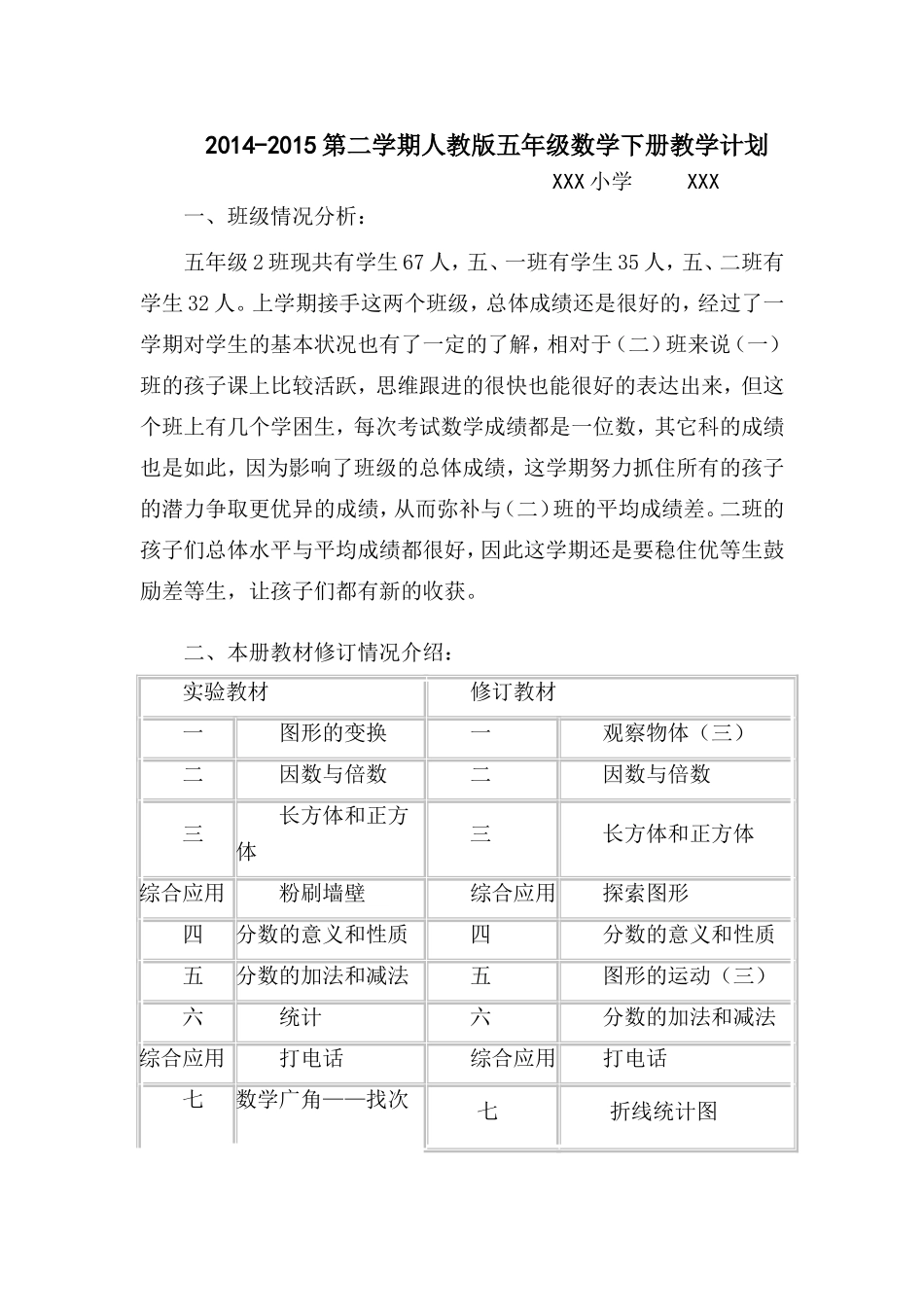 新人教版2014-2015五年级下册数学教学计划_第1页